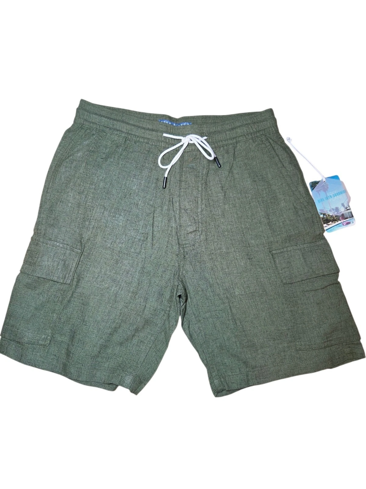 Free Planet Men's Mayfly Cargo Linen Blend Shorts 8" Inseam Pull-On S NWT Green
