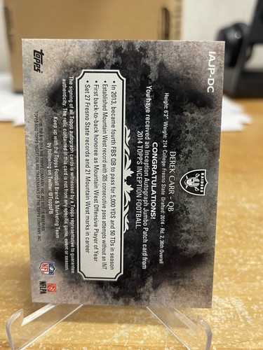 2014 Topps Inception Rookie Patch Auto Derek Carr /50 RAIDERS SAINTS RC - Picture 2 of 2