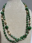 Miriam Haskell Green Swirl Glass Bead Necklace Gold Tone Spacers 47” ***read