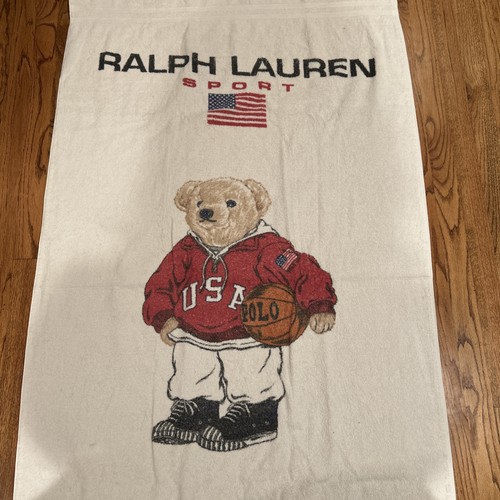 Vintage Polo Bear Ralph Lauren Sport USA Flag Cotton White Beach Towel 34" X 65" - Picture 1 of 5