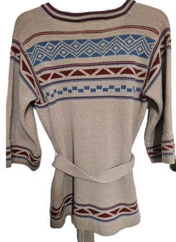 Vtg Kimlon RBK Importers Korea Sweater Tunic Belted Beige Aztec Geometric - Picture 6 of 13