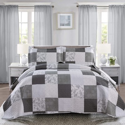 Ycosy Floral Quilt Set Full/Queen Size Patchwork Plaid Bedding Set Flower Rev...