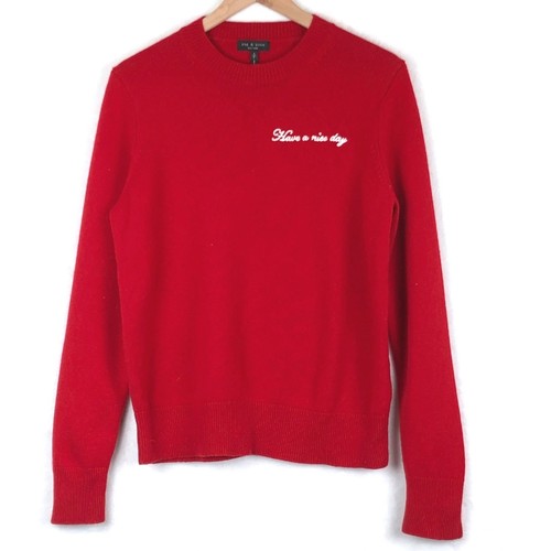 RAG & BONE Victor Merino Wool Cashmere Have a Nice Day Sweater Sz S Red Crew L/S - Picture 1 of 8