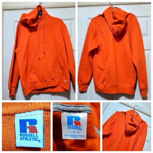 Vintage Russell Athletic Hoodie Mens Large Orange Blank Pullover Y2K Warmup