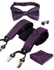 Mens Paisley Suspender, Bow Tie, Hanky, Cufflinks, Set, Y-Back, Adjustable