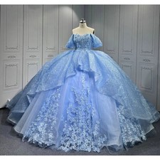 Princess Sky Blue Quinceanera Dresses Ball Gown Applique Birthday Party Sweet 16