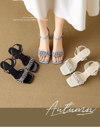 Sandalias sexy de verano con estrás de 9 cm de cristal de tacón grueso con punta abierta para mujer - Imagen 6 de 23