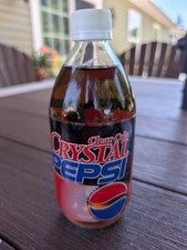 Original Vintage 1990s Clear Cola Crystal Pepsi Glass Bottle 16 Oz. Full Nos