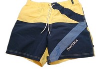 Nautica Swim Trunks Colorblock Yellow Blue Draw String Men's Large Boat Beach