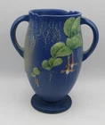 ANTIQUE ROSEVILLE BLUE GLAZE FUCHSIA BLOSSOMS DBL-HANDLE VASE (#901-10) 10.25"