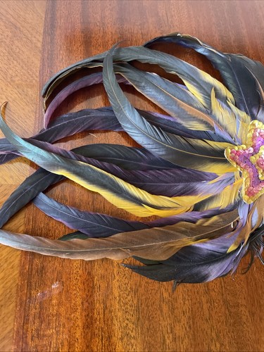 MARDI GRAS MASQUERADE MASK  Black & GOLD FEATHERS JEWEL TONES TEAL PINK VTG - Picture 5 of 8