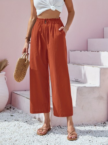 Lady Cotton Linen High Waist Trousers Wide Legs Summer Casual Elastic Pants SIZE - Picture 28 of 41