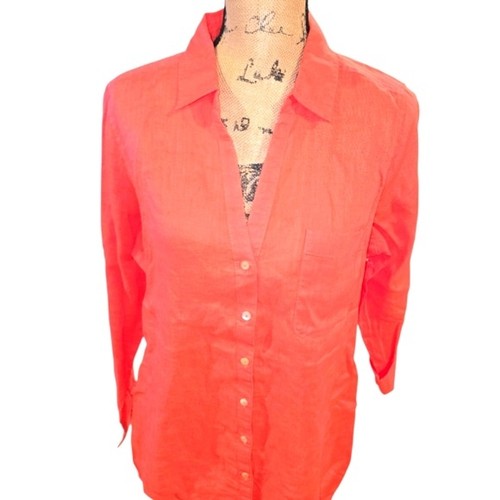 Sigrid Olsen 100% Linen Vibrant Coral Button-Down Shirt Tunic Size Large New - Picture 2 of 9