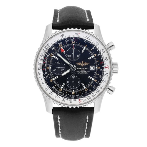 Breitling Navitimer World Black Dial Stainless Steel Watch A24322 New Strap