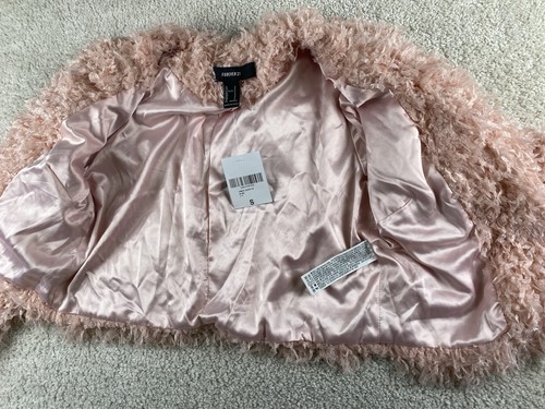 Forever 21 Faux Fur Cropped Jacket Fuzzy Size Small Blush Pink Retro Rockstar - Picture 11 of 12