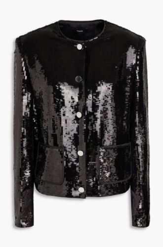Theory Pocket Crop Jacket Black Fluid Sequins Blazer Sz 4 $425 - 第 4/19 張圖片