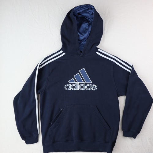 Adidas Sweatshirt Hoodie Shirt Boys M Classic Navy White Stripe Embroidered Kids - Picture 2 of 12