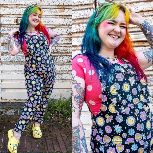 RUN AND FLY Bee Happy Print Twill Cotton Dungarees 4XS-4XL Cute Alt Overalls - Picture 1 of 7