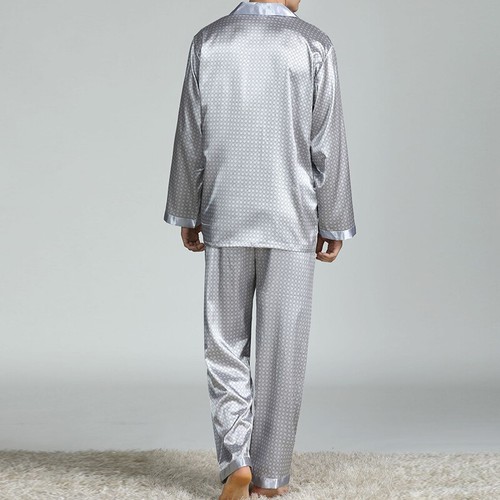 Men Pajama Set Faux Silk Sleepwear Long Sleeve Pants Soft Satin Nightgown - Bild 11 von 16