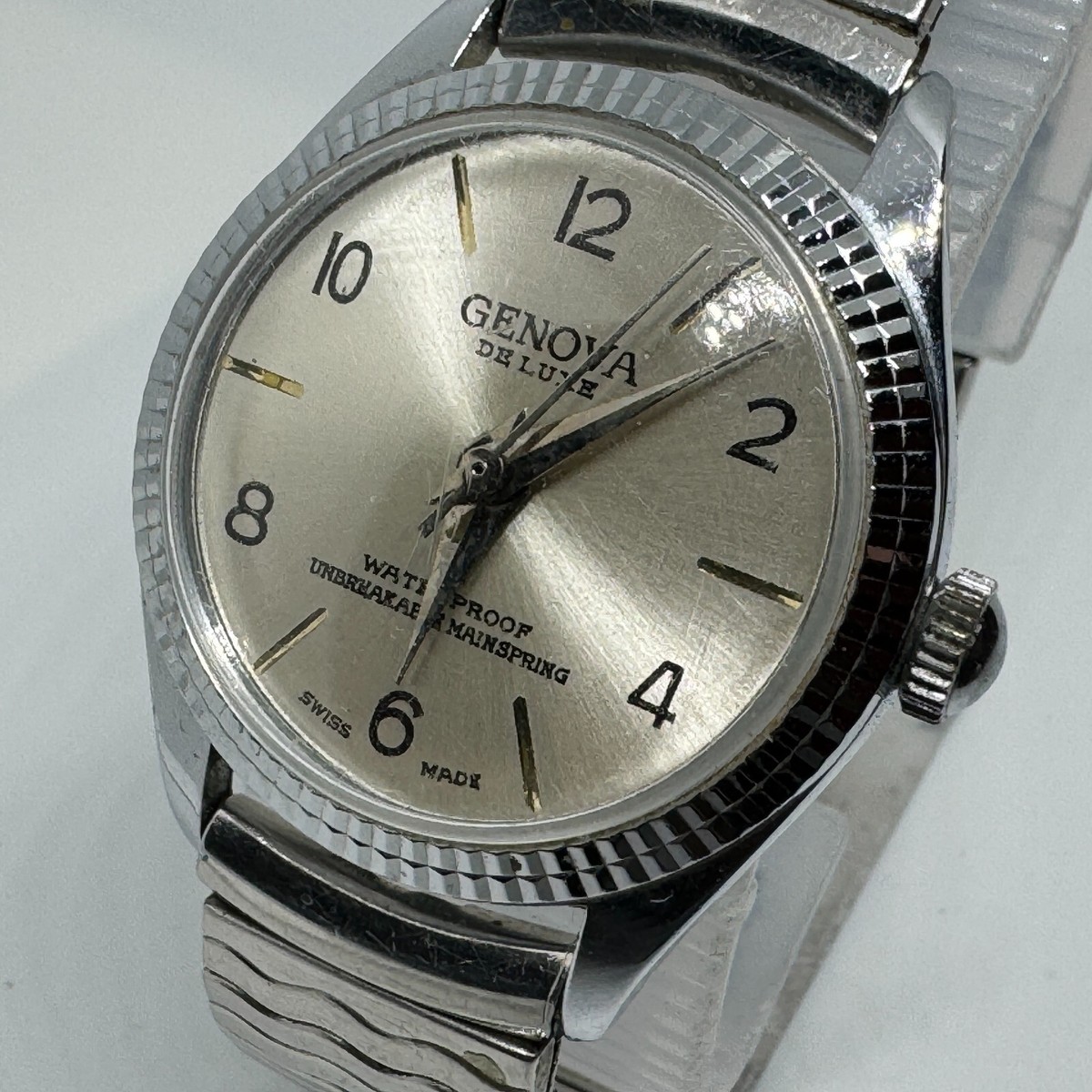 VTG Genova Swiss Hand-Winding Watch Men Silver Fluted Bezel