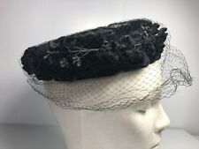 Vintage Hat Black w/Veil  Velvet flowers 8" Round  2" High