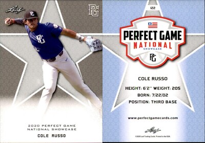 COLE RUSSO 2020 LEAF PERFECT GAME NATIONAL SHOWCASE ROOKIE CARD #122