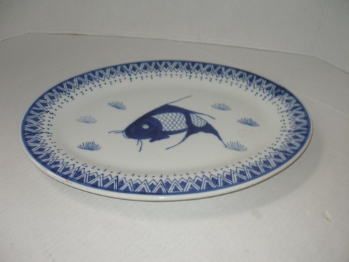 Chinese Vintage Koi Fish Oval Porcelain Serving Platter Blue White 14x10 - Bild 10 von 10