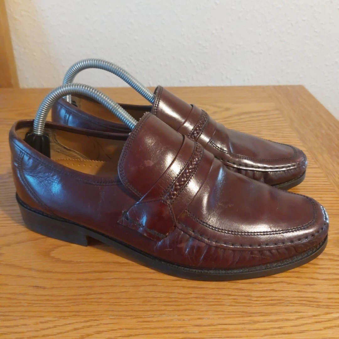 Mocassini Clarks scarpe marroni in vera pelle taglia UK 8 extra larghi slip on usati