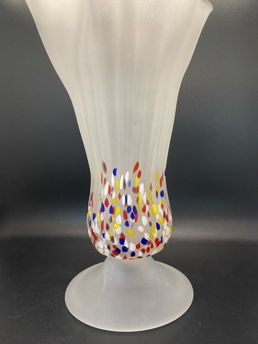 "Vaso vintage coriandoli e vetro raso bianco arte vetro con bordo sciarpa arricciata 10"" - Foto 2 di 7