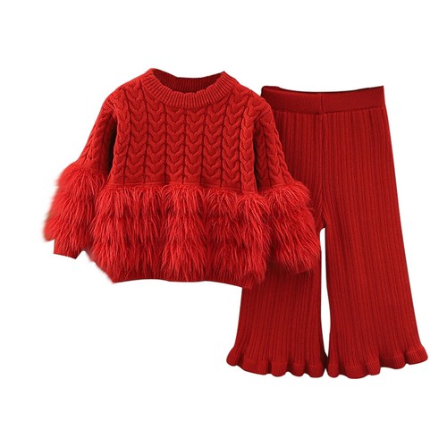 Kids Girls 2pcs Long Sleeve Knit Pullover Sweater Tops Flared Pants Outfits Set - Picture 29 of 33