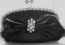 Black Faux Leather Clutch Bag Ribbon Detail with Rhinestone Accents