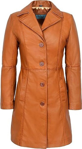 TRENCH Donna Giacca Vera Pelle Classica Lunghezza Ginocchio Cappotto Designer - Foto 11 di 15