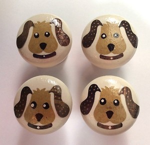 4 x Cute Handpainted /& Decoupaged Puppy Dog 4cm Pine Drawer Knobs