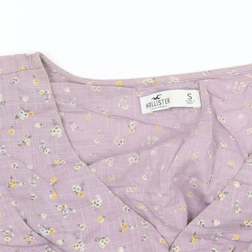 Hollister Womens Purple Floral 100% Cotton Cropped Blouse Size S V-Neck - Knot F - Picture 4 of 12