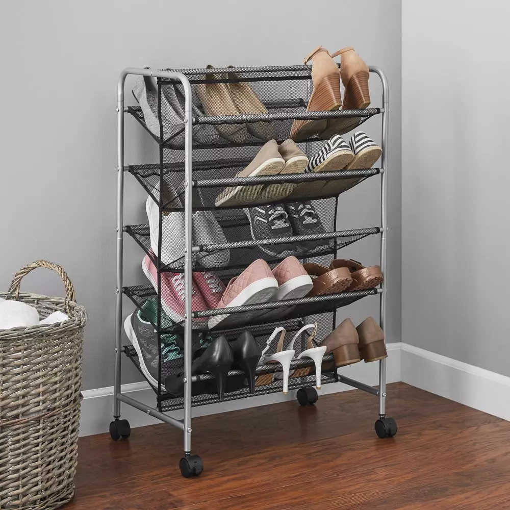 Double-Sided Shelf 5 Tier Metal Mesh Shoe Rack Portable Storage Solution 30  Pair