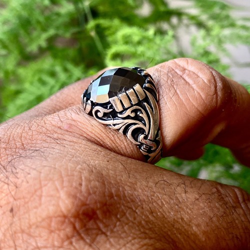 925 Sterling Silver Mens Ring with Black Zircon Gemstone Handmade Jewelry - Picture 8 of 8