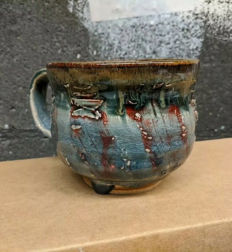 Textured Blue And Specks Of Red Ceramic Mug. Wheel thrown. - Picture 3 of 12