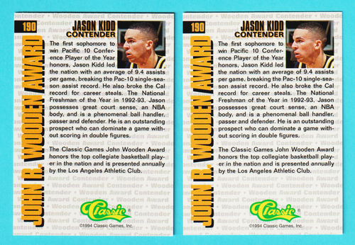 Lote de (2) 1994 Classic Four Sport RC Jason Kidd Mavericks Cal #190 (KCR) - Imagen 2 de 2