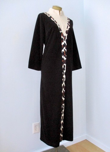 Vtg 70s Black Leopard Trim Velour Long Zip Robe House Coat Loungewear Pocket 14 - Picture 4 of 6