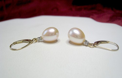 14K YELLOW GOLD LARGE PINK PEARL W/DIAMOND DANGLING EARRINGS 2.77 GRAMS - Picture 2 of 6