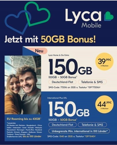 Lycamobile DE +49 SIM Karte Internet Home GO Extra 150 GB Roaming UE 37 GB - Zdjęcie 5 z 10