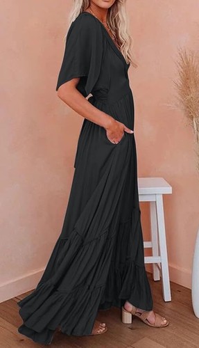 Damen Boho Rüschenärmel fließend Maxikleid Schnürung Rücken Stufen Party A Linie - Bild 63 von 70