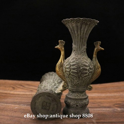 8" 2pcs China Brass Bronze Dynasty Bird peacock peafowl Flower Bottle Vase Pair - Picture 5 of 9