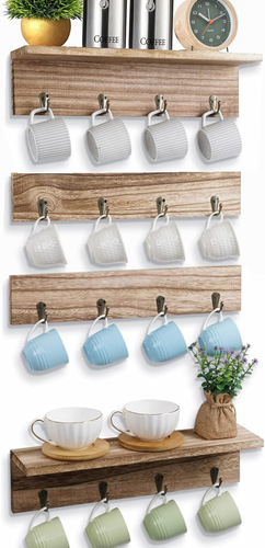 Coffee Mug Rack with Storage Shelf, Rustic Wood Coffee Mug Holder Wall Mounted w - 第 11/12 張圖片