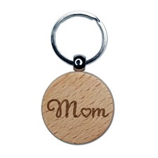 Mom with Heart Engraved Wood Round Keychain Tag Charm