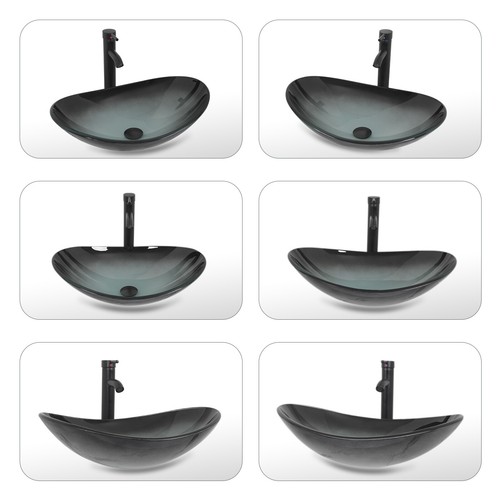 Modern Badezimmer Glas Gefäß Waschbecken Schale Keramikbecken mit Wasserhahn Ablauf Pop Set Neu - Bild 15 von 47