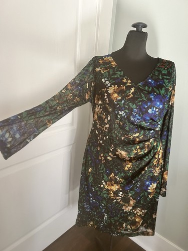 Guess Floral Sheer Long Sleeve Lined Ruched Waist Stretch Lace Dress Women Sz 14 - Picture 2 of 10