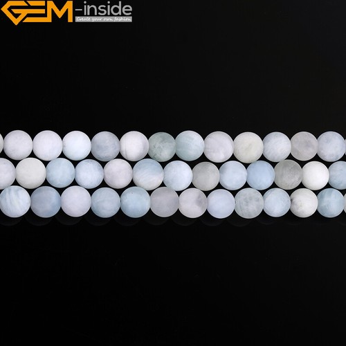 Cuentas espaciadoras redondas de aguamarina azul piedra mate natural fabricación de joyas 15" - Imagen 9 de 31