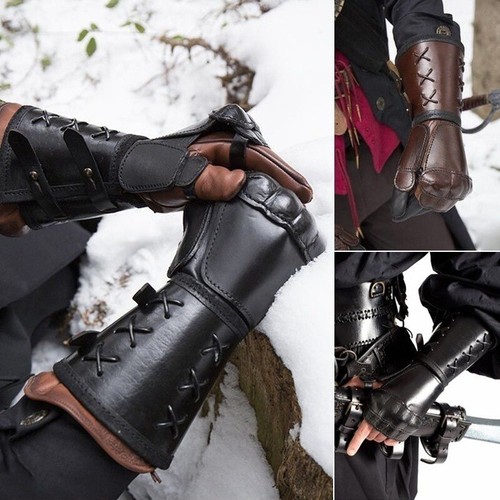 Medieval Bracer Men's Faux Leather Wrist Armor Knight Gloves Arm Guard Lace Up - Picture 3 of 5