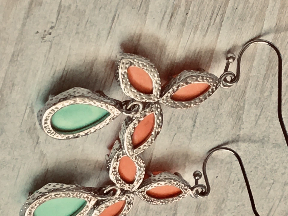 Pendientes Kendra Scott KENDALL Naranja Coral Como Nuevo Turquesa Rodio Tono Plata Foto 2 de 4
